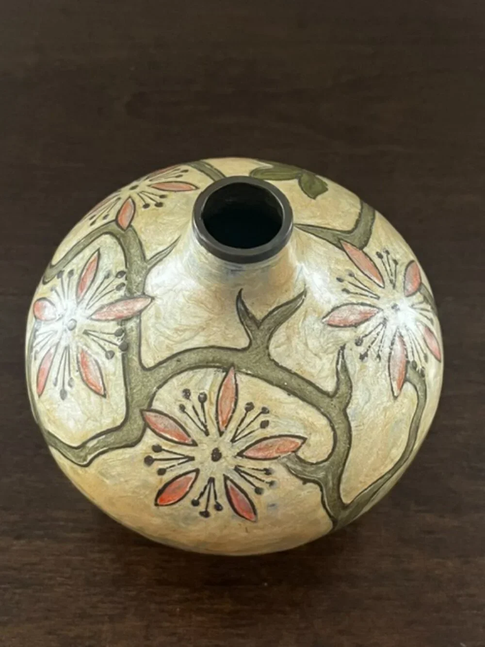Brass Vase Enamel Overlay Floral Vine Design Metal Pink Green